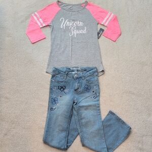 NWT Unicorn Squad Top & Wallflower Floral Jeans Girls 10/12 Outfit